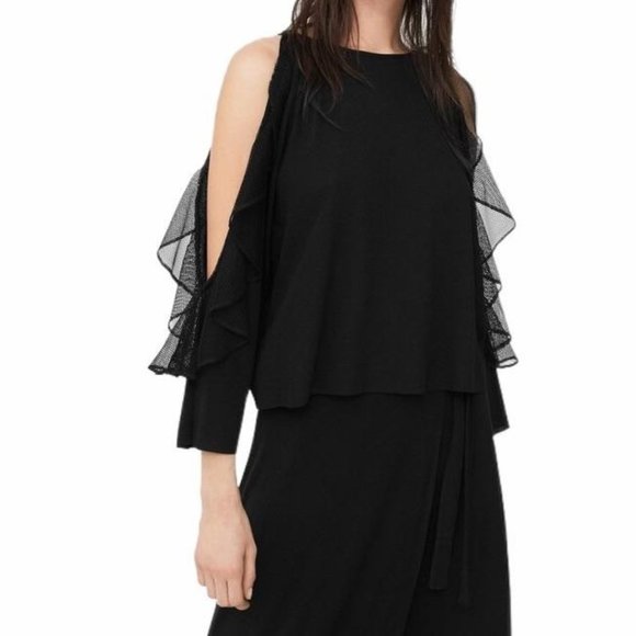Mango black texture mesh ruffle cold shoulder long sleeve t-shirt medium MSRP 50 - Picture 1 of 12